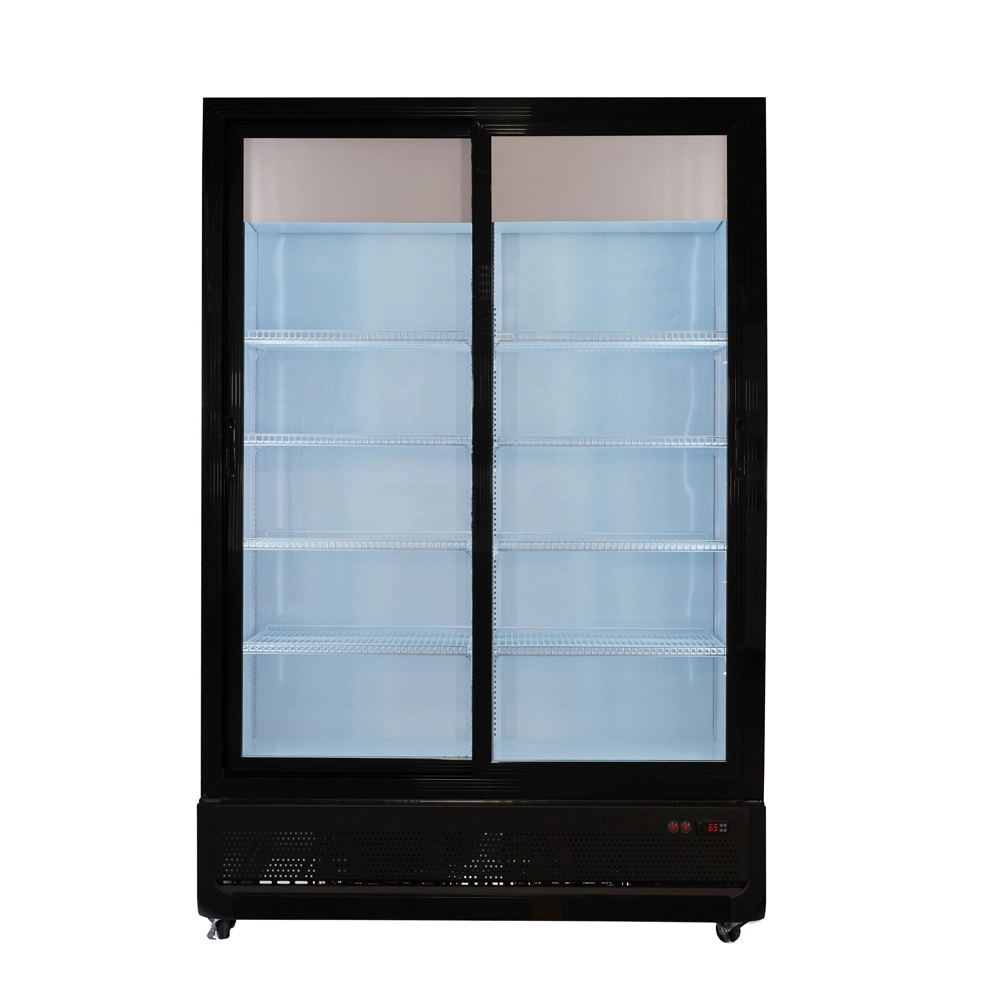 Fashion Design Black Color Store Dynamic Cooling Double Glass Doors Auto Defrost Upright Display Refrigeration Equipment